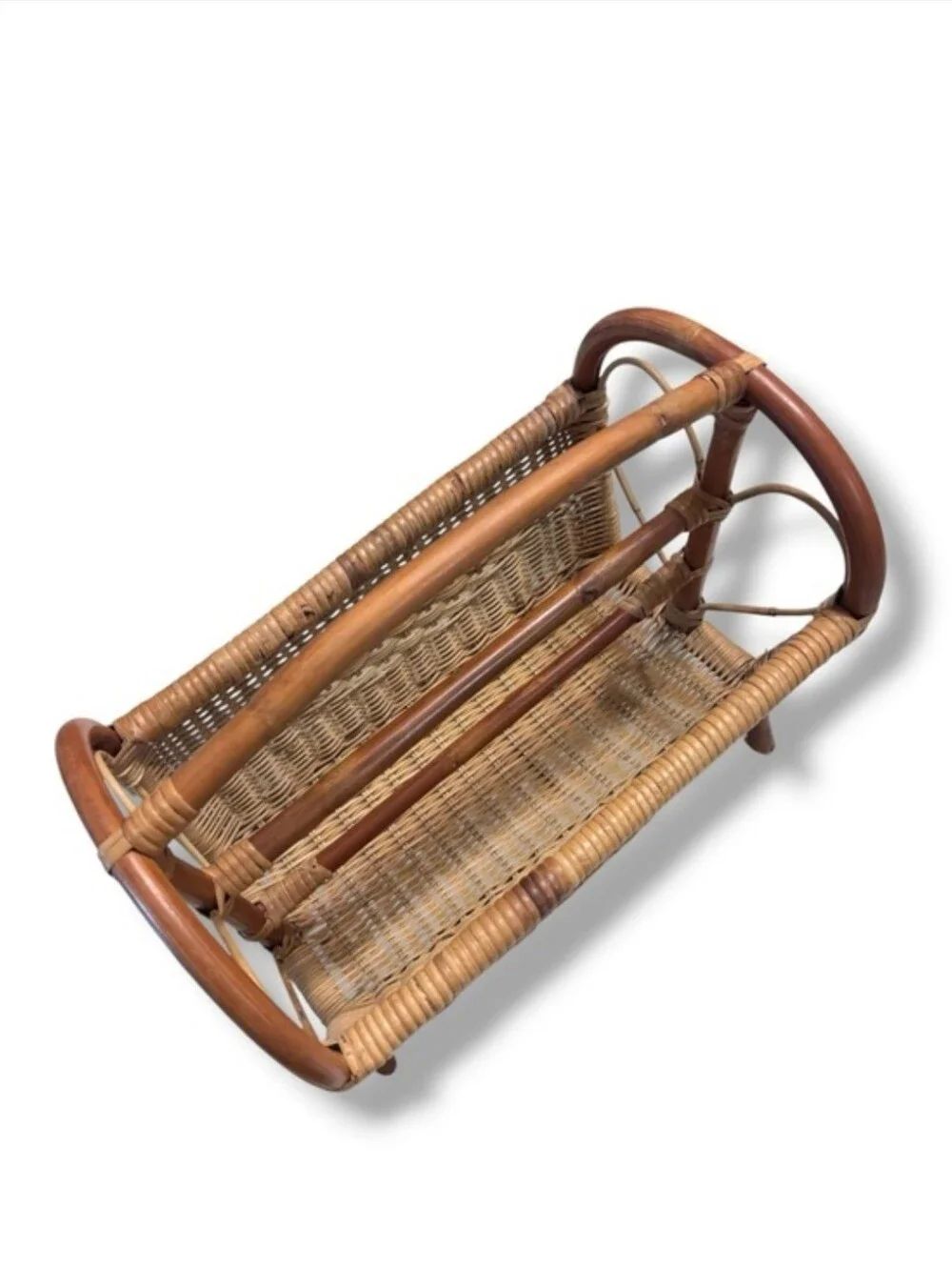 VINTAGE Bamboo Wicker Rattan Woven Magazine Holder Heart End Details